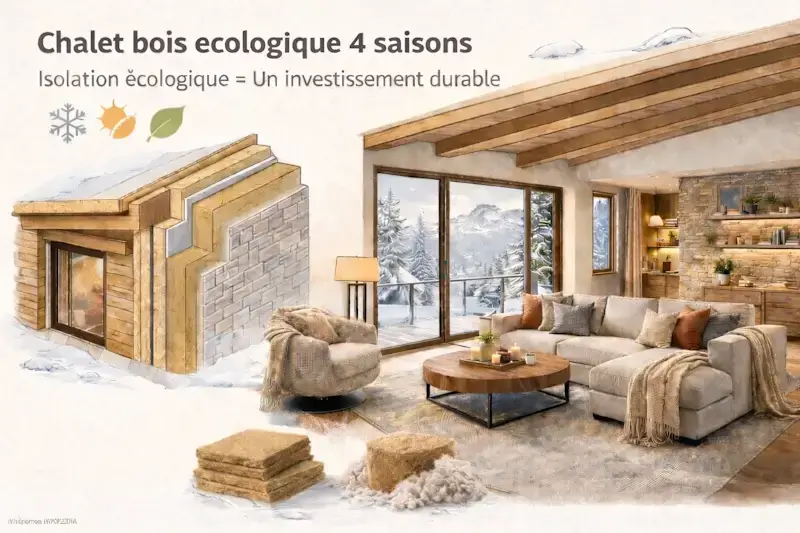 schéma isolation chalet bois écologique avec coupe murale et intérieur confortable en hiver