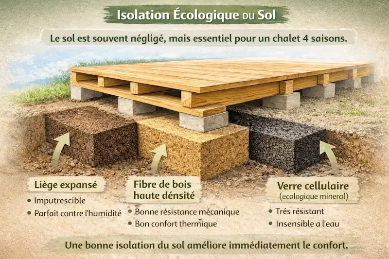 isolation écologique du sol chalet bois avec liège expansé fibre de bois haute densité et verre cellulaire