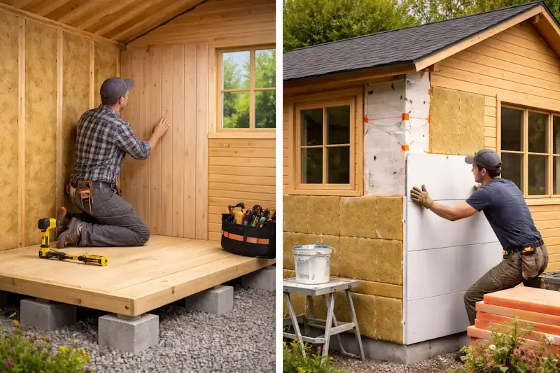 Comparatif isolation abri de jardin intérieure et extérieure avec pose d’isolant thermique et finition bois