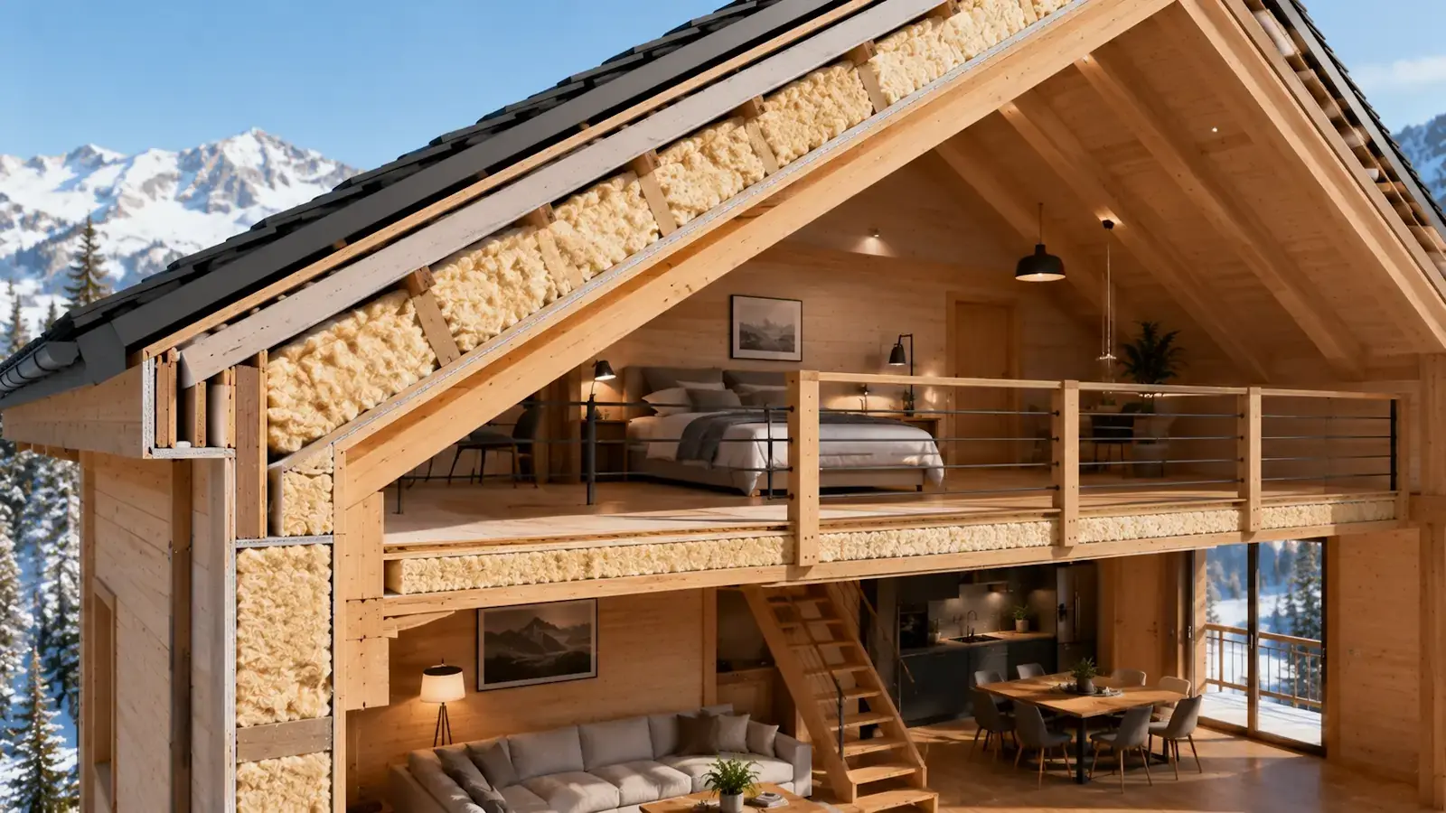Coupe de toiture isolée dans un chalet bois avec mezzanine illustrant la performance thermique du bâtiment
