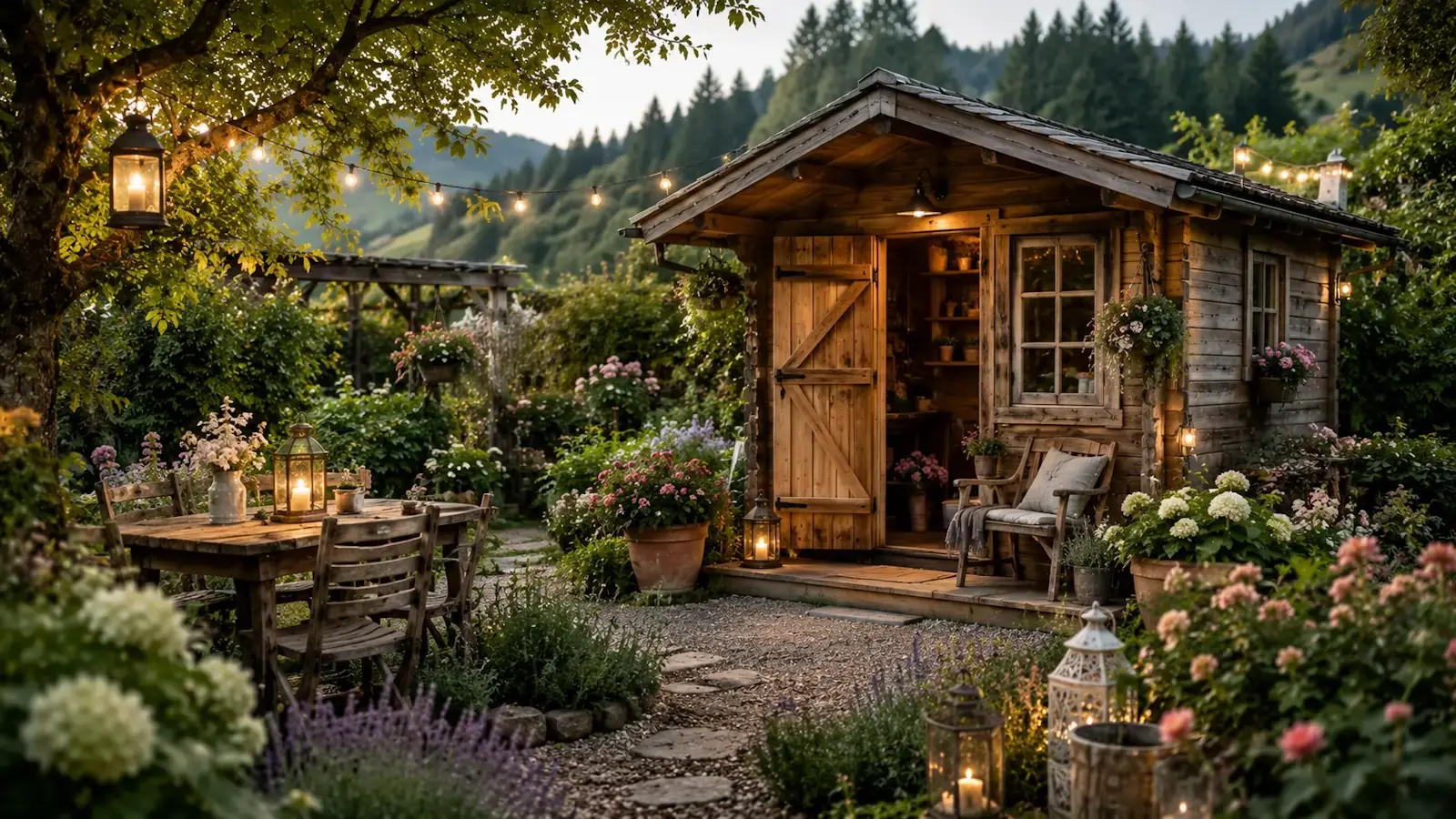 Cabanon en bois rustique dans un jardin campagne chic avec lanternes, fleurs et mobilier extérieur chaleureux