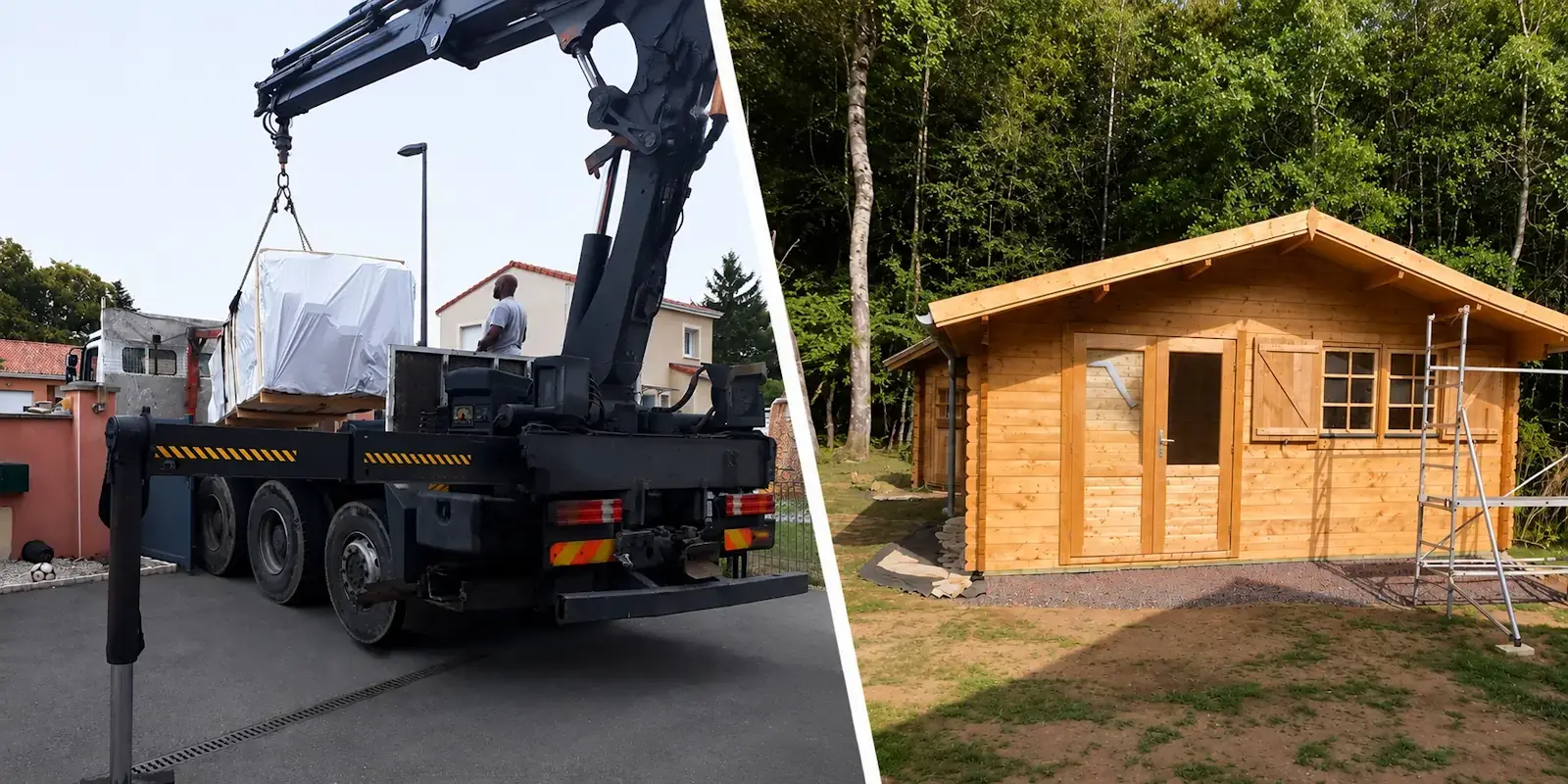 Livraison d'un kit bois suivie du montage d'un chalet en bois par les équipes STMB Construction partout en France métropolitaine.