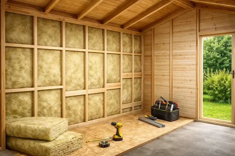 Maillage interne d’un abri de jardin avec ossature bois et isolant thermique en cours d’installation