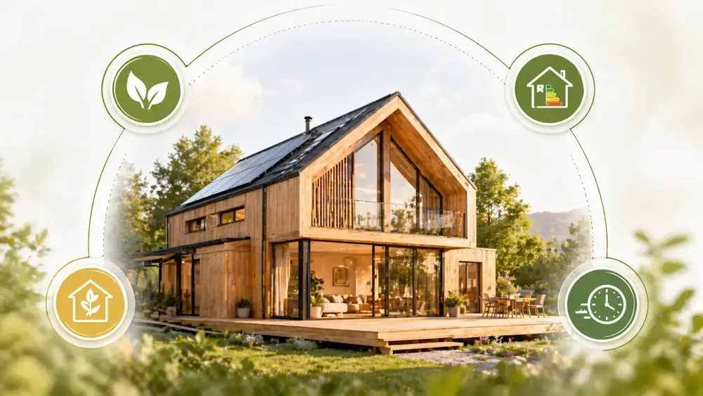 Maison bois moderne avec grandes baies vitrées et terrasse en bois dans un environnement naturel