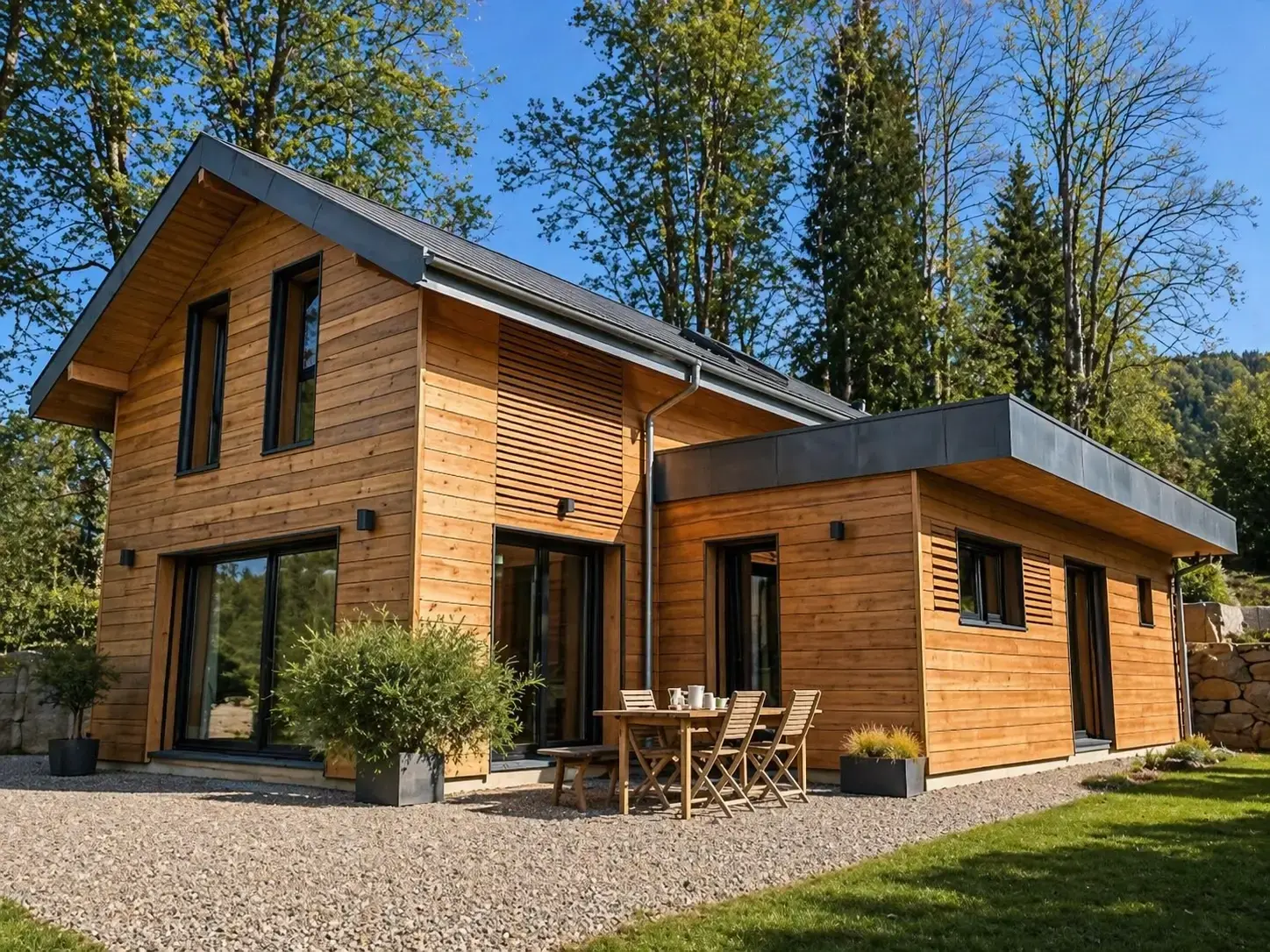 Maison moderne en bois avec extension contemporaine, terrasse extérieure et jardin arboré en environnement naturel