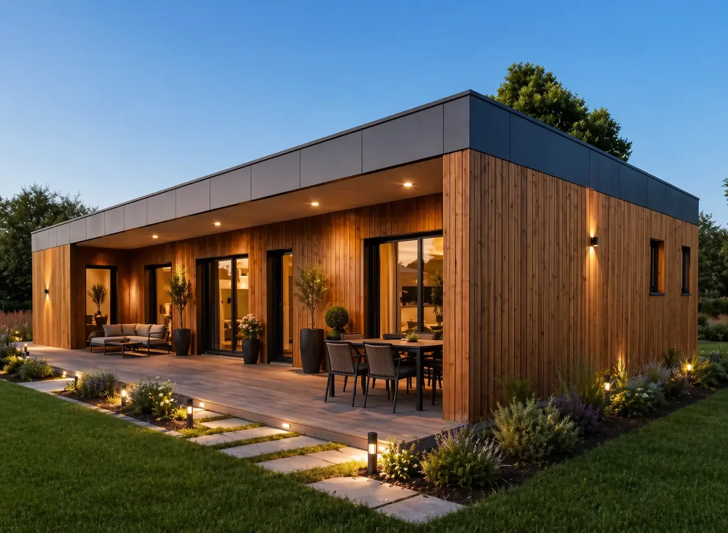 Maison moderne de plain-pied en bardage bois avec terrasse aménagée et éclairage extérieur, ambiance chaleureuse au coucher du soleil