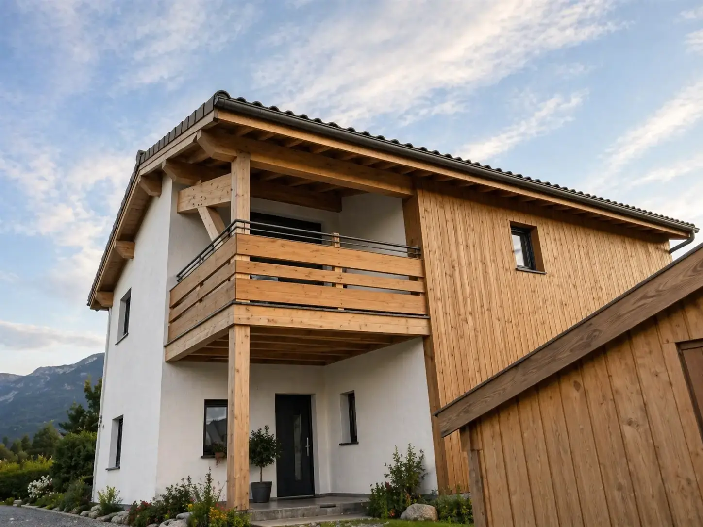 Maison chalet moderne avec bardage bois et balcon, architecture contemporaine en zone montagneuse