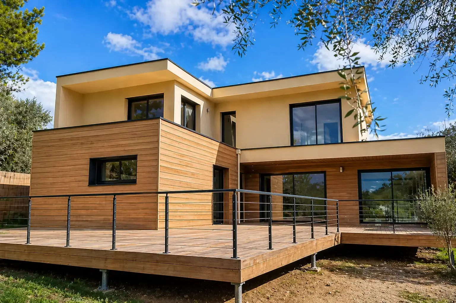 Maison moderne avec bardage bois, grande terrasse surélevée et garde-corps en aluminium, architecture contemporaine