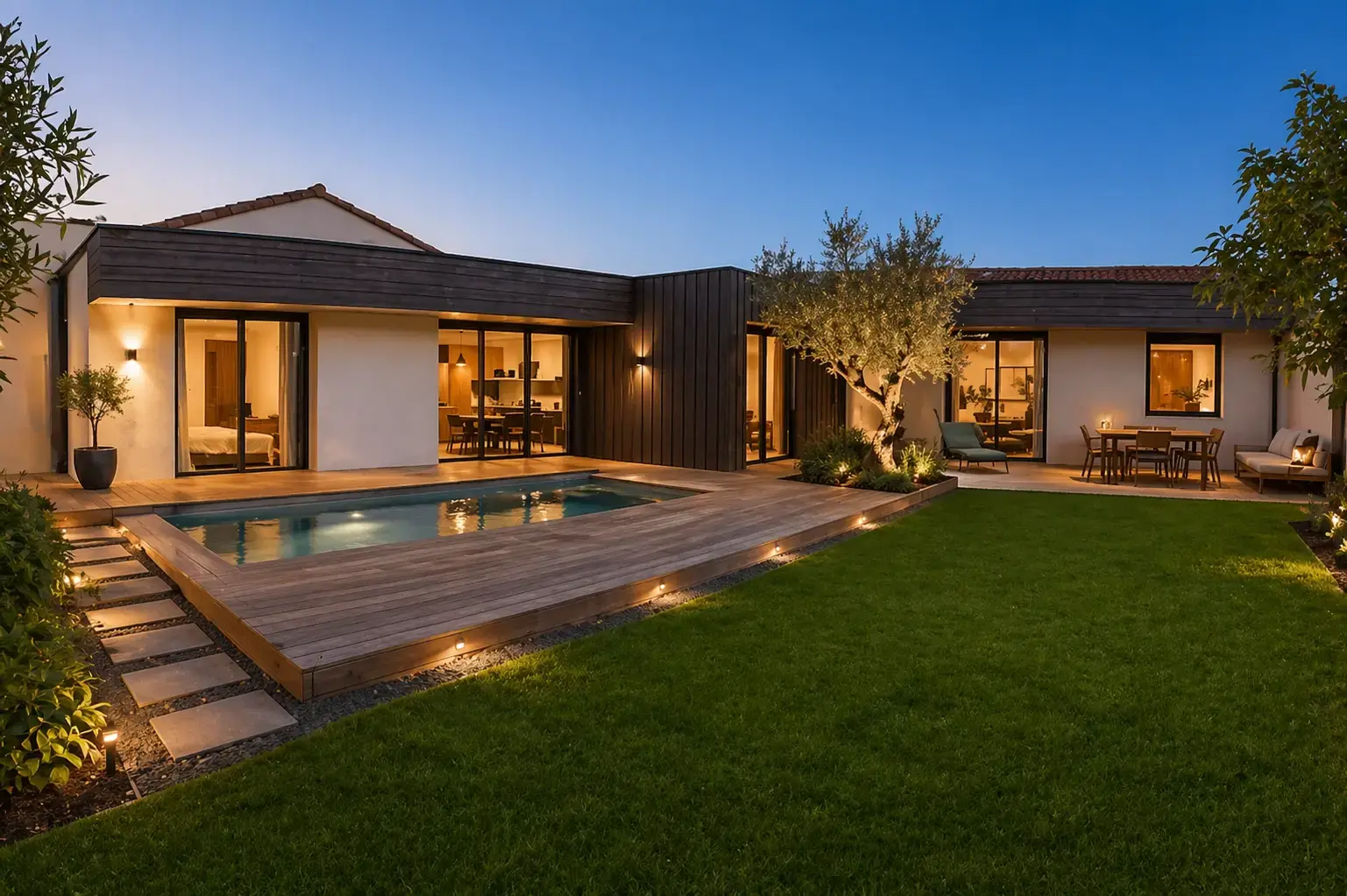 Maison moderne avec piscine et terrasse en bois, jardin paysager et éclairage extérieur, ambiance chaleureuse en soirée
