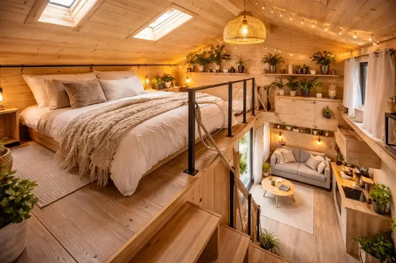 Mezzanine aménagée dans un chalet en bois habitable de 20m² avec espace nuit optimisé au-dessus de la pièce principale.