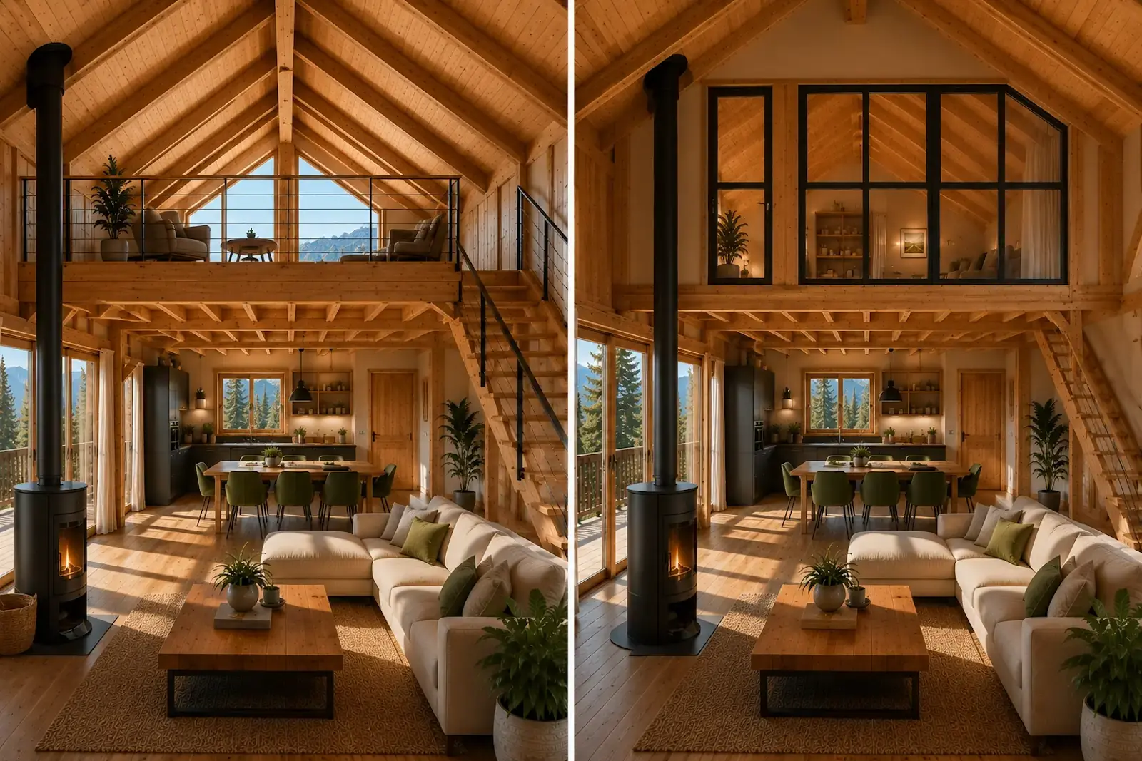 Comparaison entre une mezzanine ouverte et une mezzanine fermée dans un chalet bois avec volumes lumineux et charpente apparente.