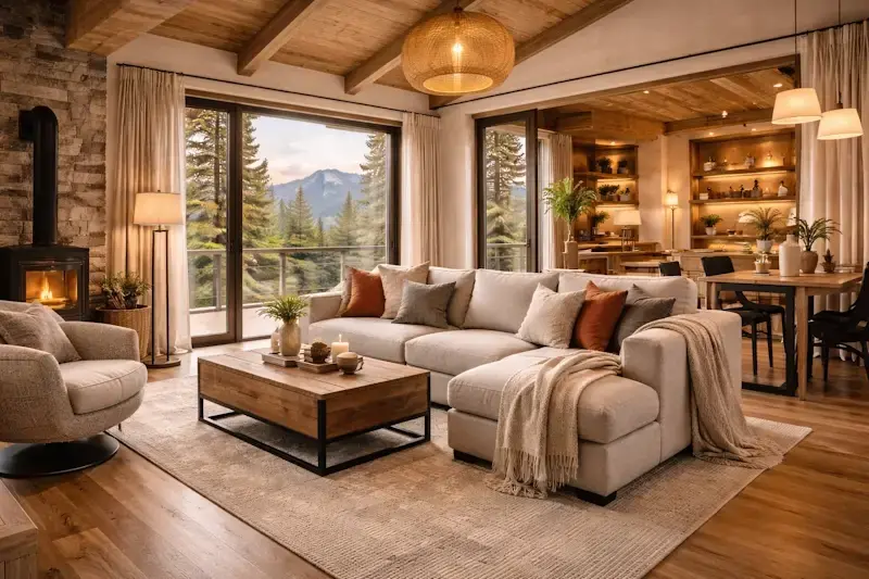 salon chalet bois moderne avec canapé confortable, table bois massif et ambiance cocooning