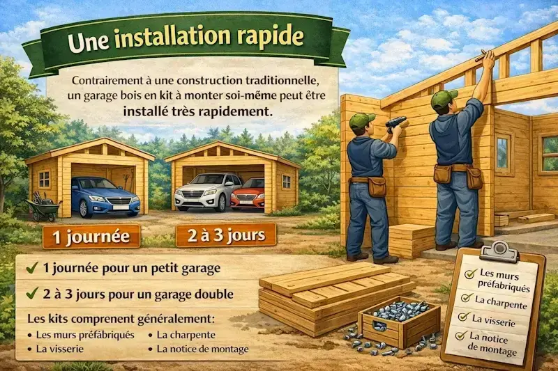 Montage rapide d un garage bois en kit avec installation en 1 a 3 jours et elements fournis murs prefabriques charpente et visserie