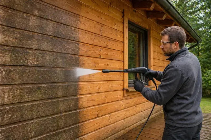 Nettoyage de la façade d’un chalet en bois avec un nettoyeur haute pression pour enlever saletés et mousses