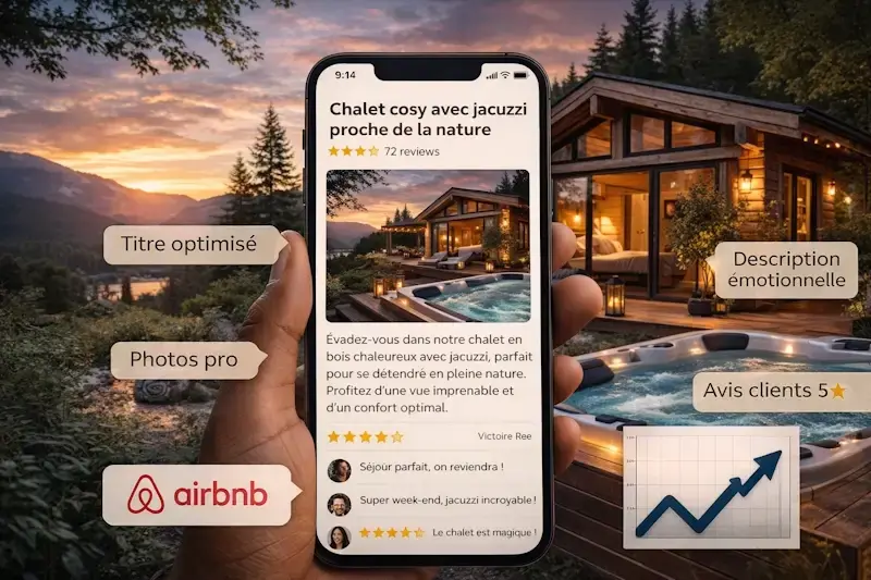 exemple d’annonce Airbnb performante pour chalet bois avec titre optimisé, photos de qualité et avis clients pour améliorer la visibilité et les revenus
