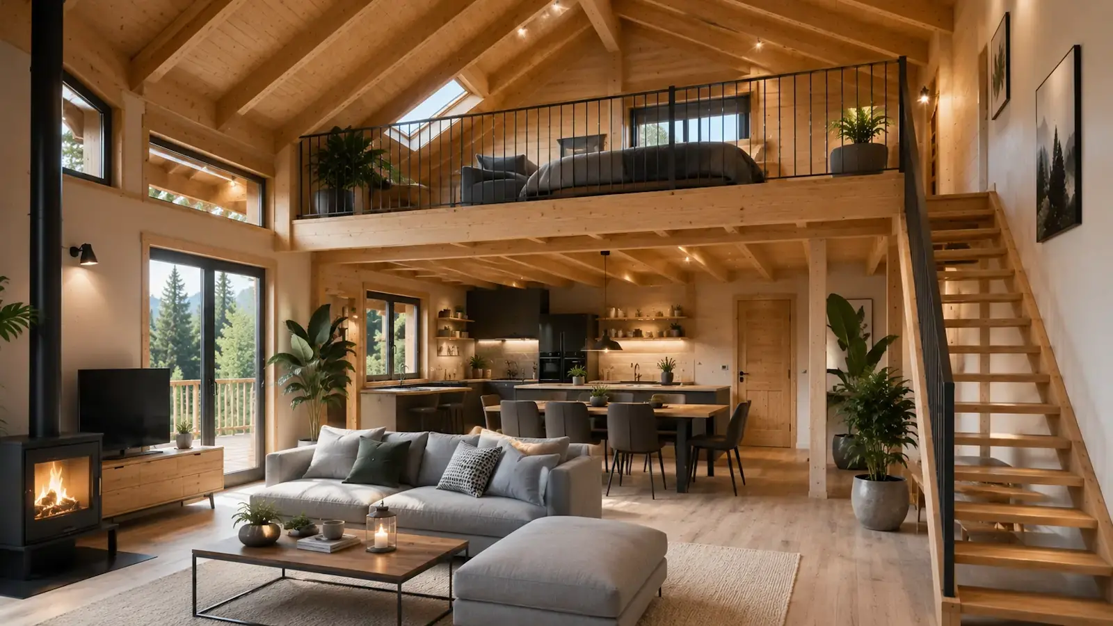 Vue intérieure d'un chalet bois avec mezzanine ouverte optimisant l'espace habitable et les volumes sous toiture