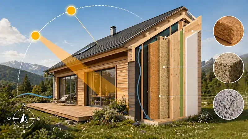 maison bois bioclimatique orientée selon le soleil avec isolants naturels écologiques pour performance énergétique et confort thermique