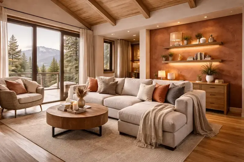 intérieur chalet bois moderne avec couleurs beige, terracotta et décoration chaleureuse