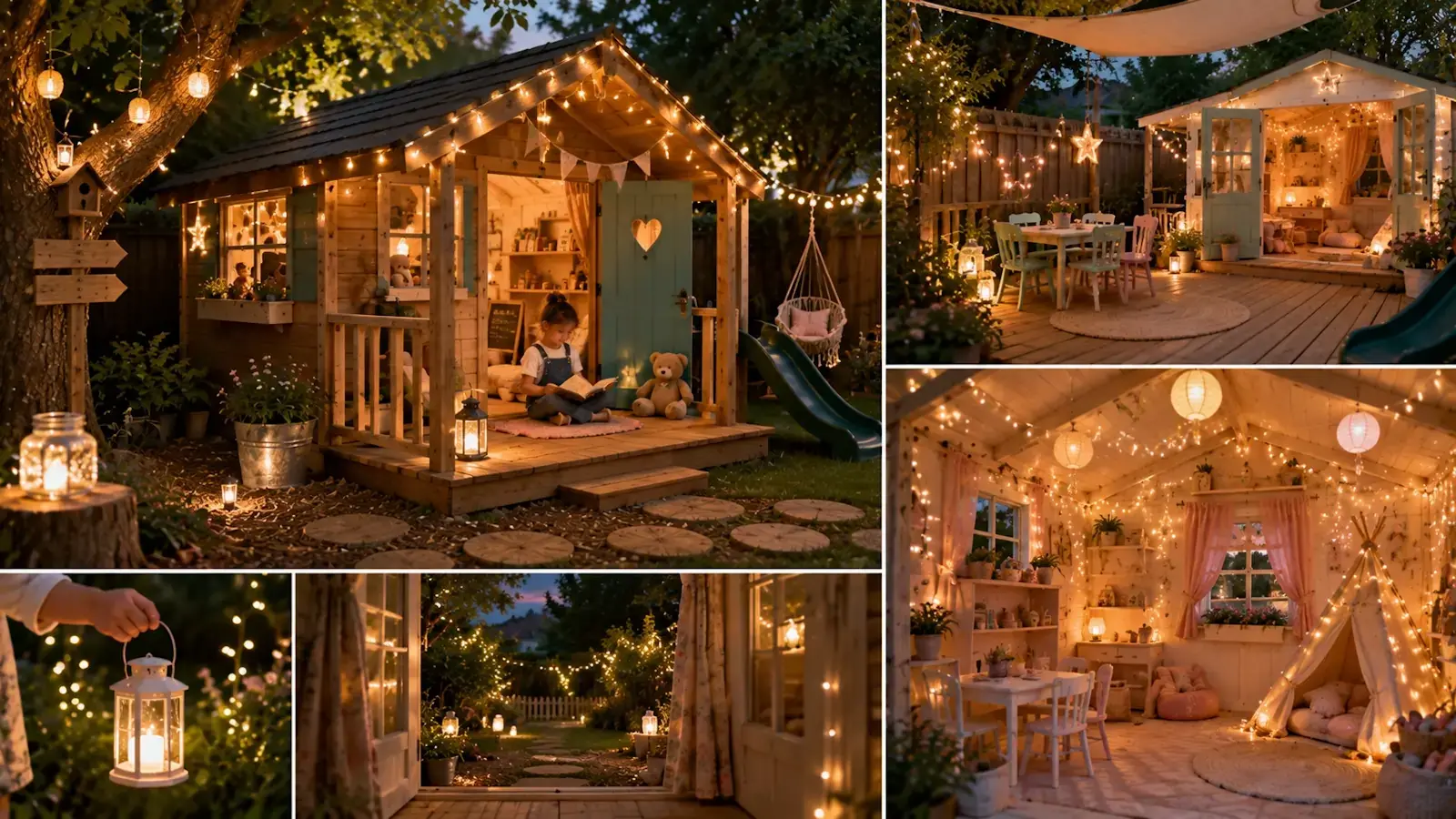 Cabanon féerique pour enfants avec terrasse en bois, lumières décoratives et ambiance magique dans un jardin au coucher du soleil.