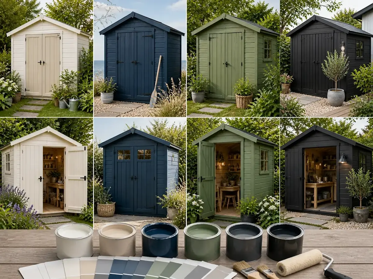 cabanon de jardin peint en différentes couleurs blanc bleu vert et noir avec idées relooking extérieur