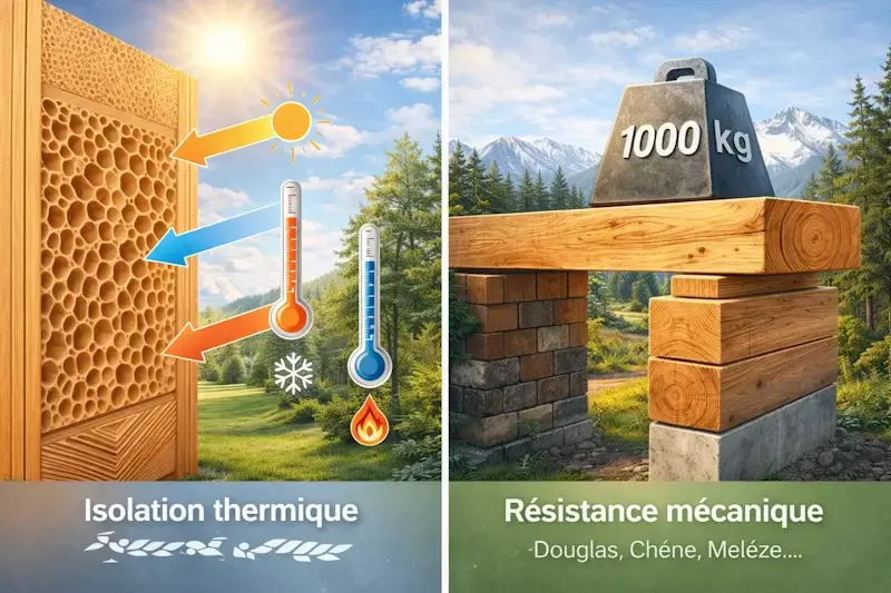 Performances techniques du bois en construction avec isolation thermique naturelle et resistance mecanique des poutres bois