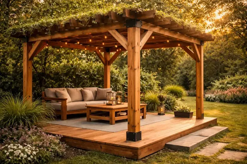 Pergola en bois massif illustrant la résistance mécanique et la solidité d’une structure extérieure