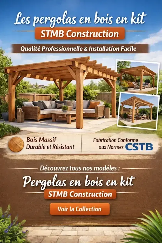 Pergola en bois en kit stmb construction en bois massif durable structure exterieure resistante conforme aux normes cstb