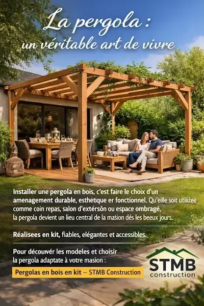 Pergola en bois moderne installee dans un jardin avec coin repas et salon d exterieur solution durable et esthetique proposee par stmb construction