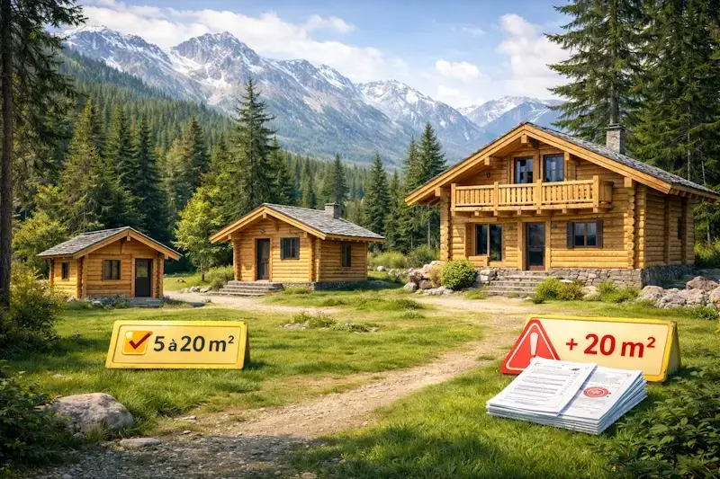 Chalets en bois de différentes surfaces illustrant la règle du permis de construire au-delà de 20 m² et la déclaration préalable entre 5 et 20 m².