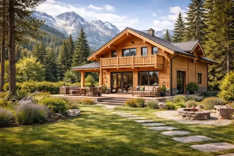 Maison à ossature bois moderne construite en montagne, exemple de construction nécessitant un permis de construire.