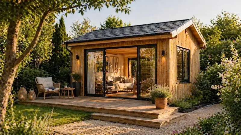 petit chalet bois installé dans un jardin aménagé avec terrasse, idéal bureau ou studio habitable 20m2