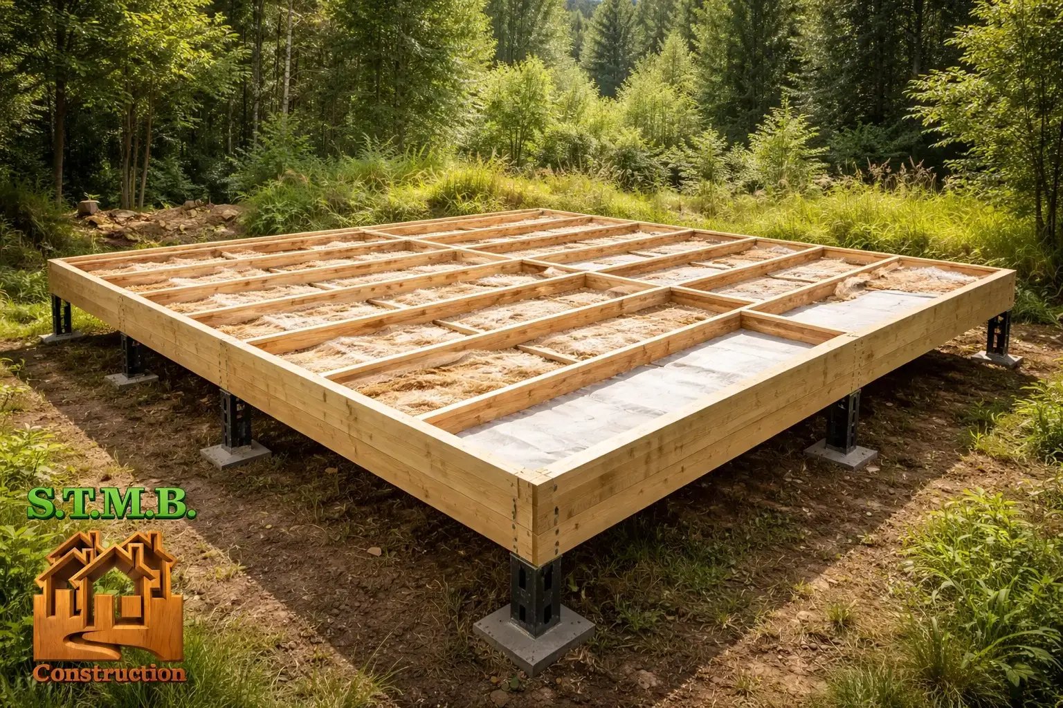 Plancher bois sur pilotis en construction structure de solives en bois traite avec isolation ecologique pose sur terrain naturel p