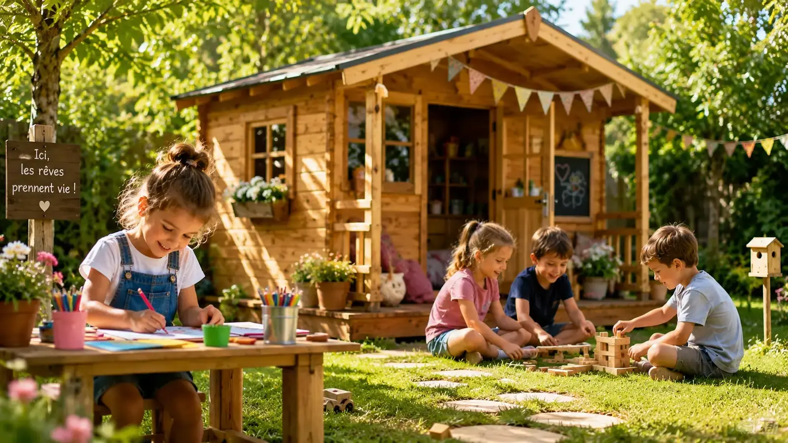 Enfants jouant et réalisant des activités créatives autour d’un cabanon en bois dans un jardin familial