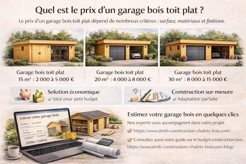 prix garage bois toit plat selon surface 15m2 20m2 30m2 avec comparatif kit et sur mesure