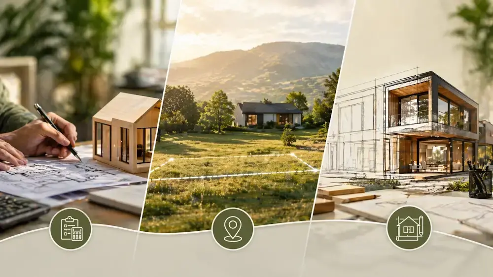 Illustration des étapes de construction d’une maison bois sur mesure : définition du projet, choix du terrain et conception architecturale