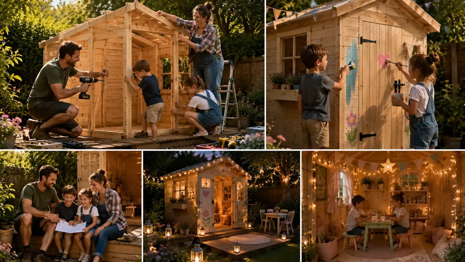 Famille construisant et décorant un cabanon pour enfants dans le jardin avec ambiance chaleureuse et activité créative familiale.