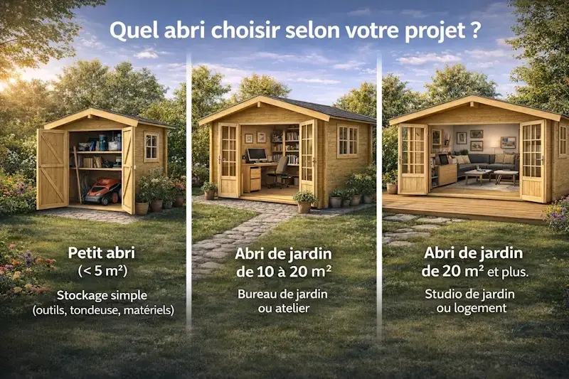 Comparatif abri de jardin selon surface moins de 5 m² stockage 10 à 20 m² bureau atelier plus de 20 m² studio ou logement