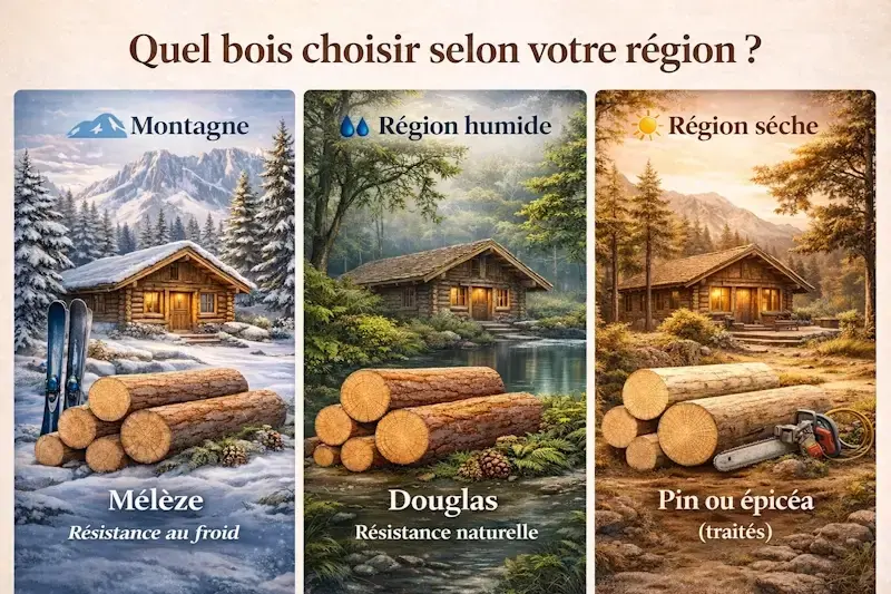 Quel bois choisir pour un chalet selon la région : mélèze en montagne, douglas en zone humide, pin ou épicéa en région sèche