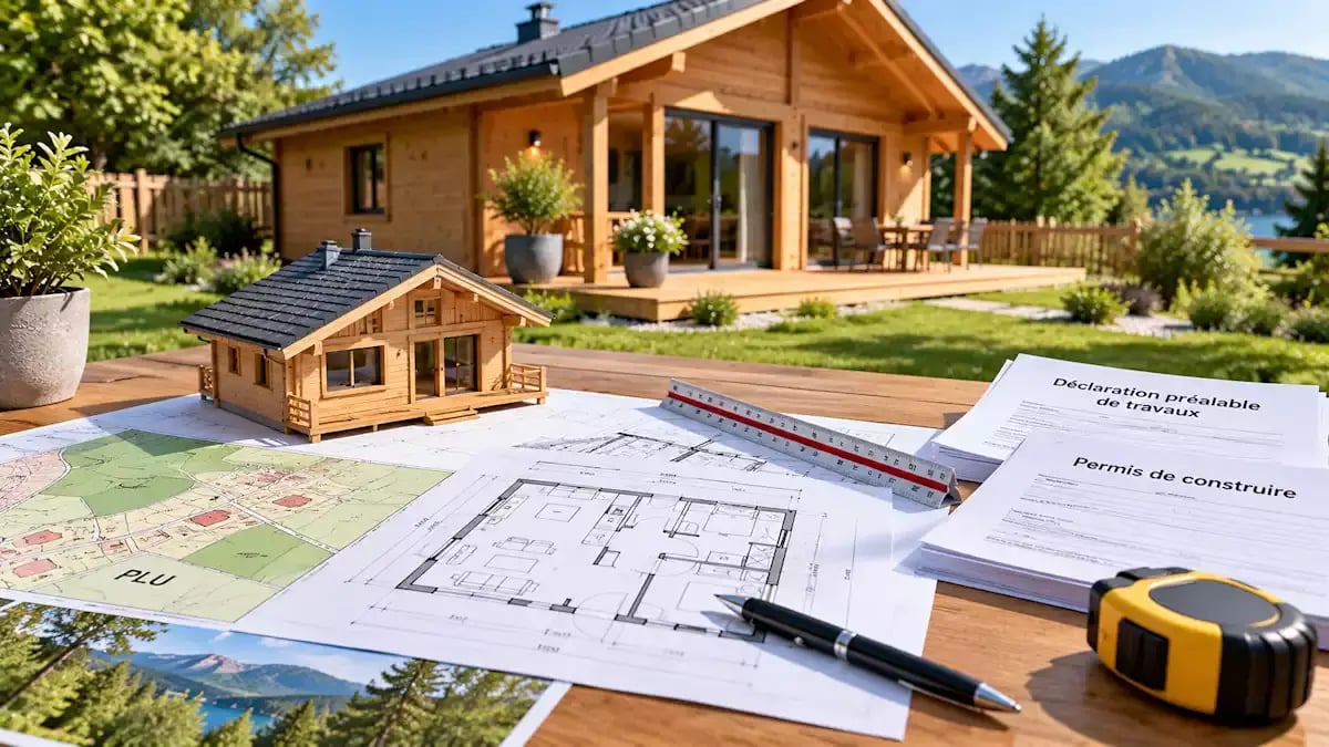 Plans d’un chalet en bois avec documents d’urbanisme et permis de construire