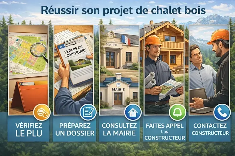 Étapes pour réussir un projet de construction de chalet bois : vérification du PLU, dossier administratif, mairie et constructeur.