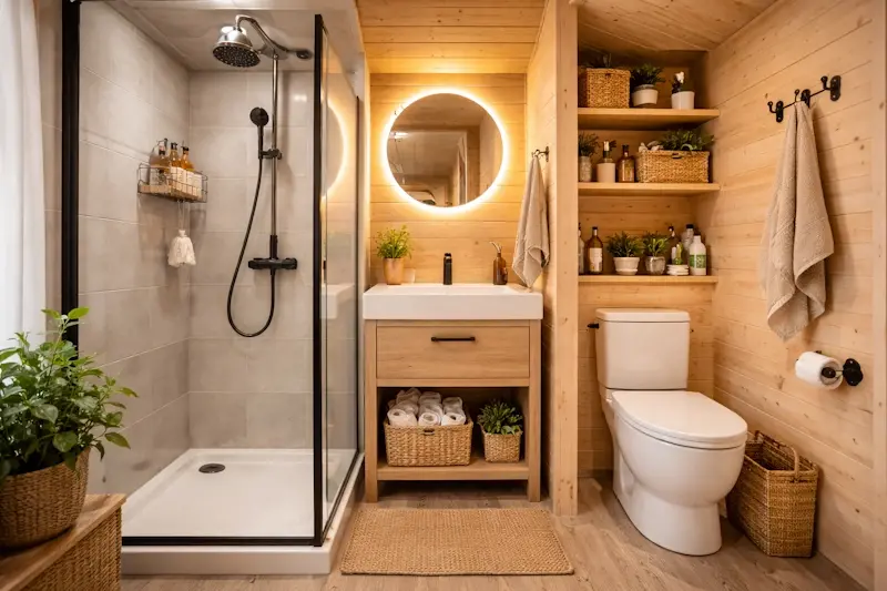 Salle d’eau compacte dans un chalet en bois habitable de 20m² avec douche, lavabo et toilettes optimisant l’espace.