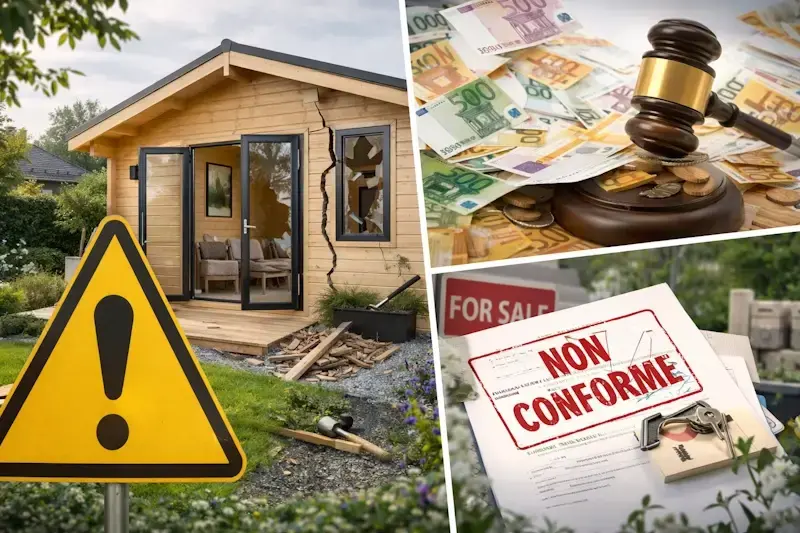 Illustration des sanctions pour un abri de jardin non conforme avec amende, obligation de démolition et problèmes lors de la vente du bien