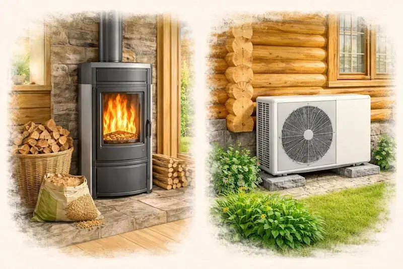 chauffage chalet bois écologique avec poêle à bois et pompe à chaleur performante