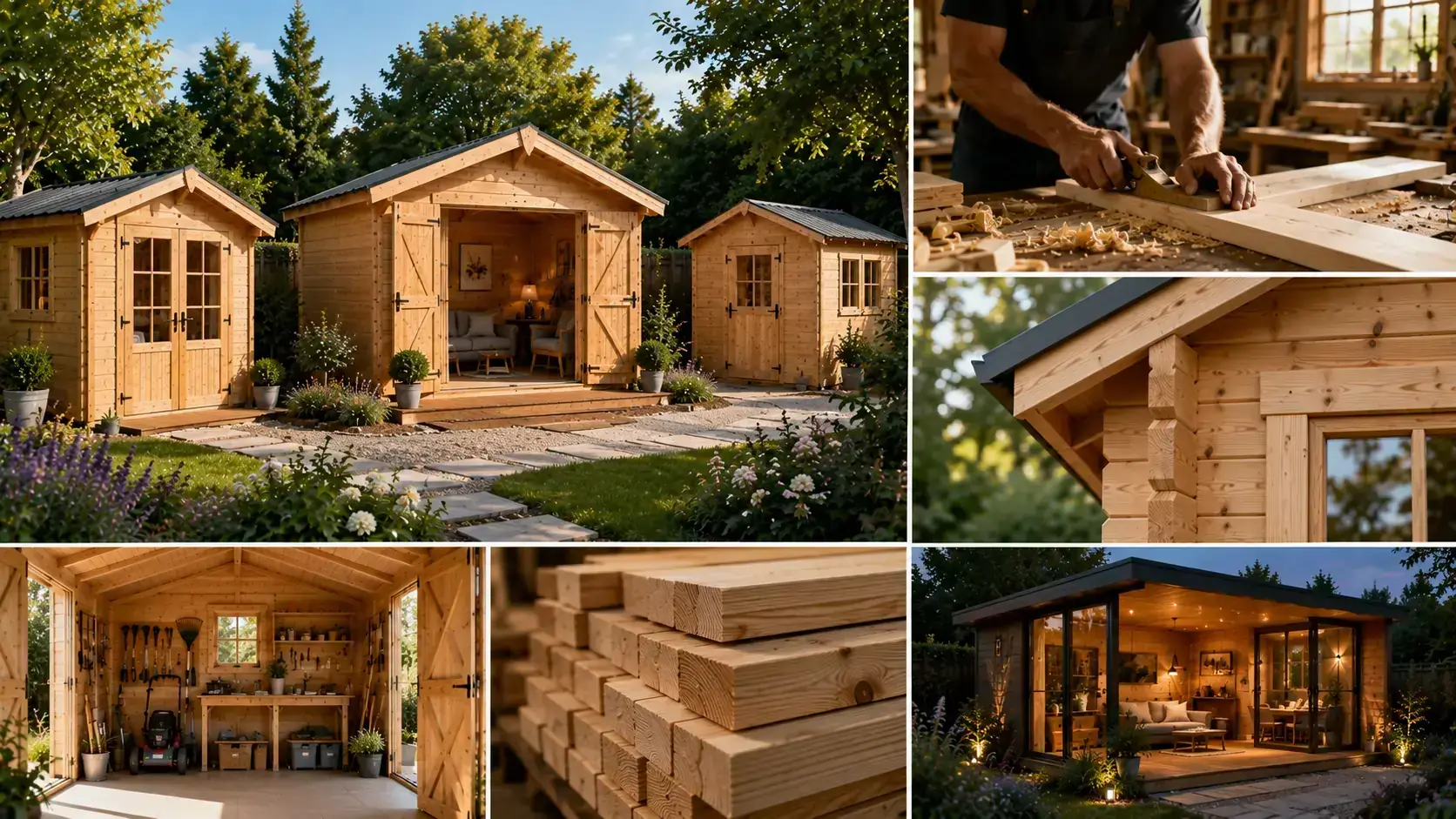 Collage de cabanons premium en bois avec détails de fabrication haut de gamme et modèles de jardin modernes signés STMB Construction.