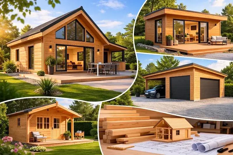 Maisons et chalets en bois fabriqués par STMB Construction avec garage, bureau de jardin et abri en bois sur mesure livrés partout en France.