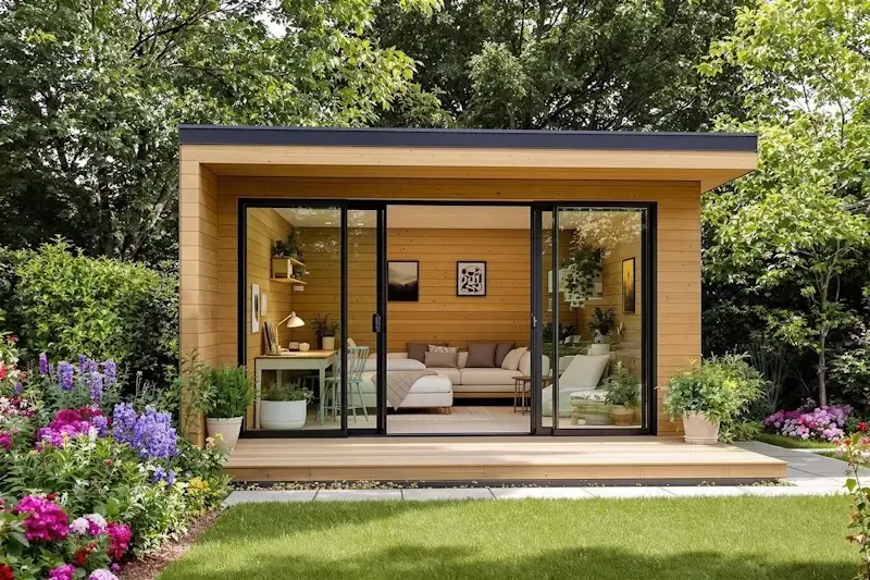 studio de jardin en bois moderne installé sur un terrain, utilisé pour location Airbnb rentable avec accès indépendant