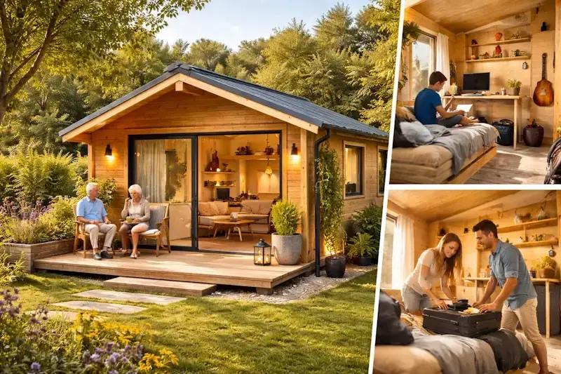 Chalet en bois habitable de 20m² installé dans un jardin et utilisé comme studio indépendant pour accueillir famille, invités ou étudiant.