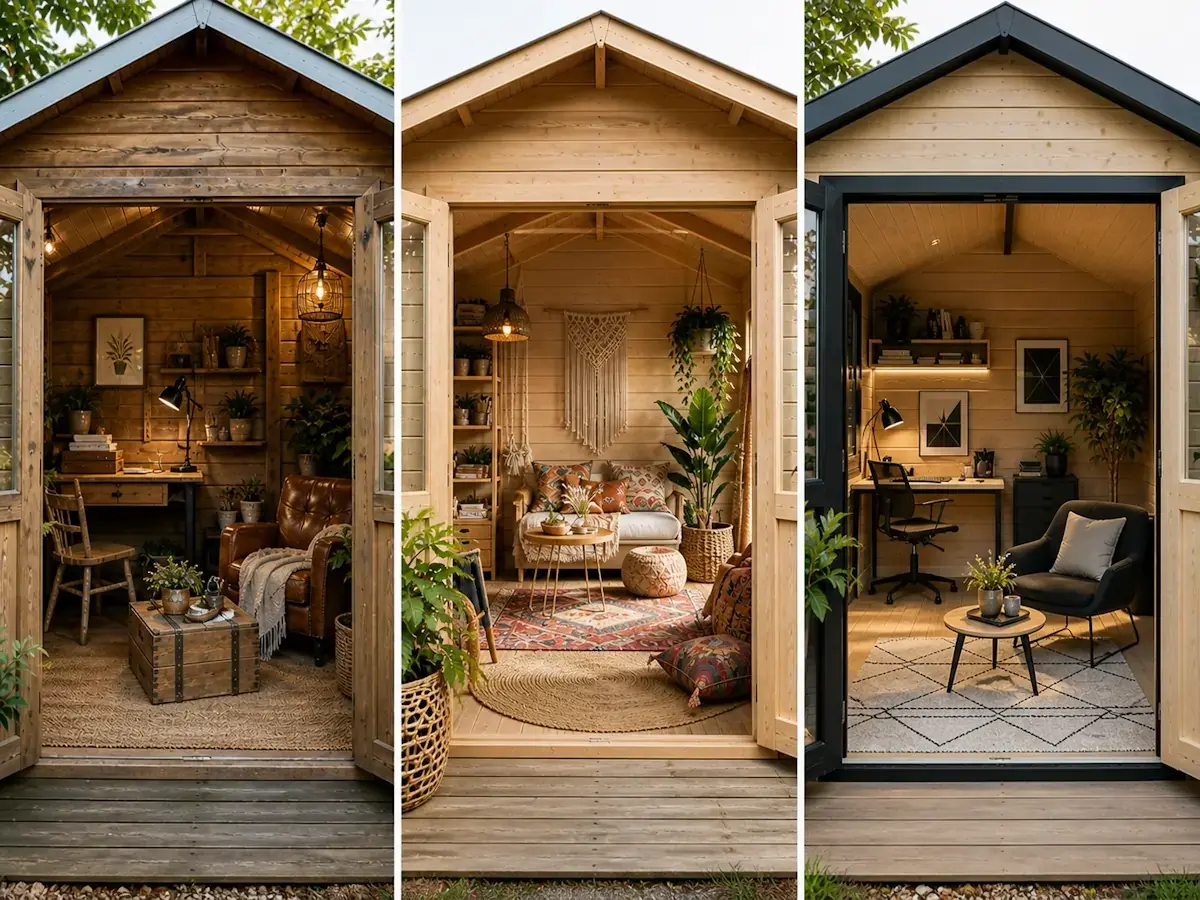 styles décoration cabanon de jardin bois rustique bohème et moderne avec aménagement intérieur