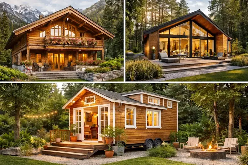 Différents styles de chalets en bois : chalet traditionnel de montagne, chalet contemporain avec grandes baies vitrées et tiny house en bois compacte.