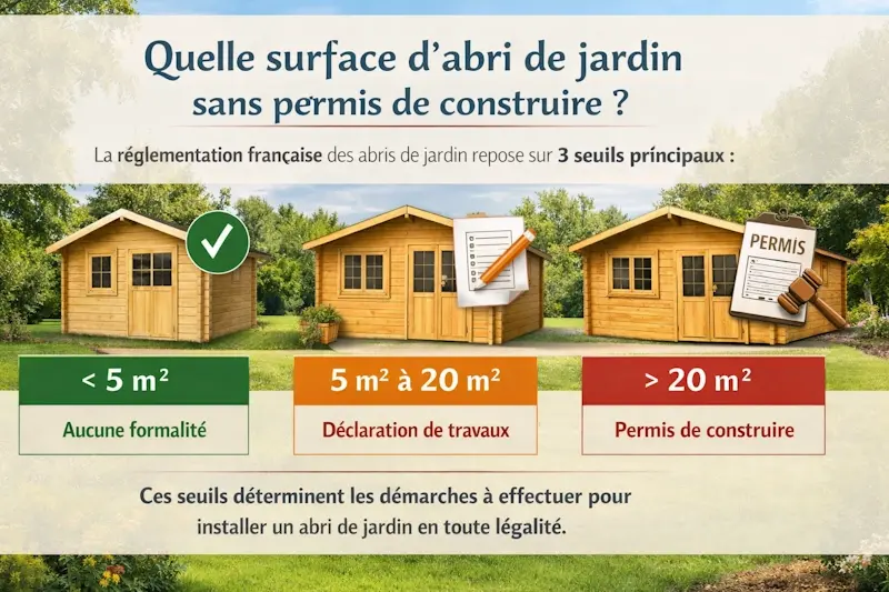Réglementation abri de jardin surface sans permis moins de 5m2 5 à 20m2 déclaration préalable plus de 20m2 permis de construire France
